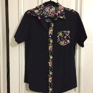 Black button down with floral trim